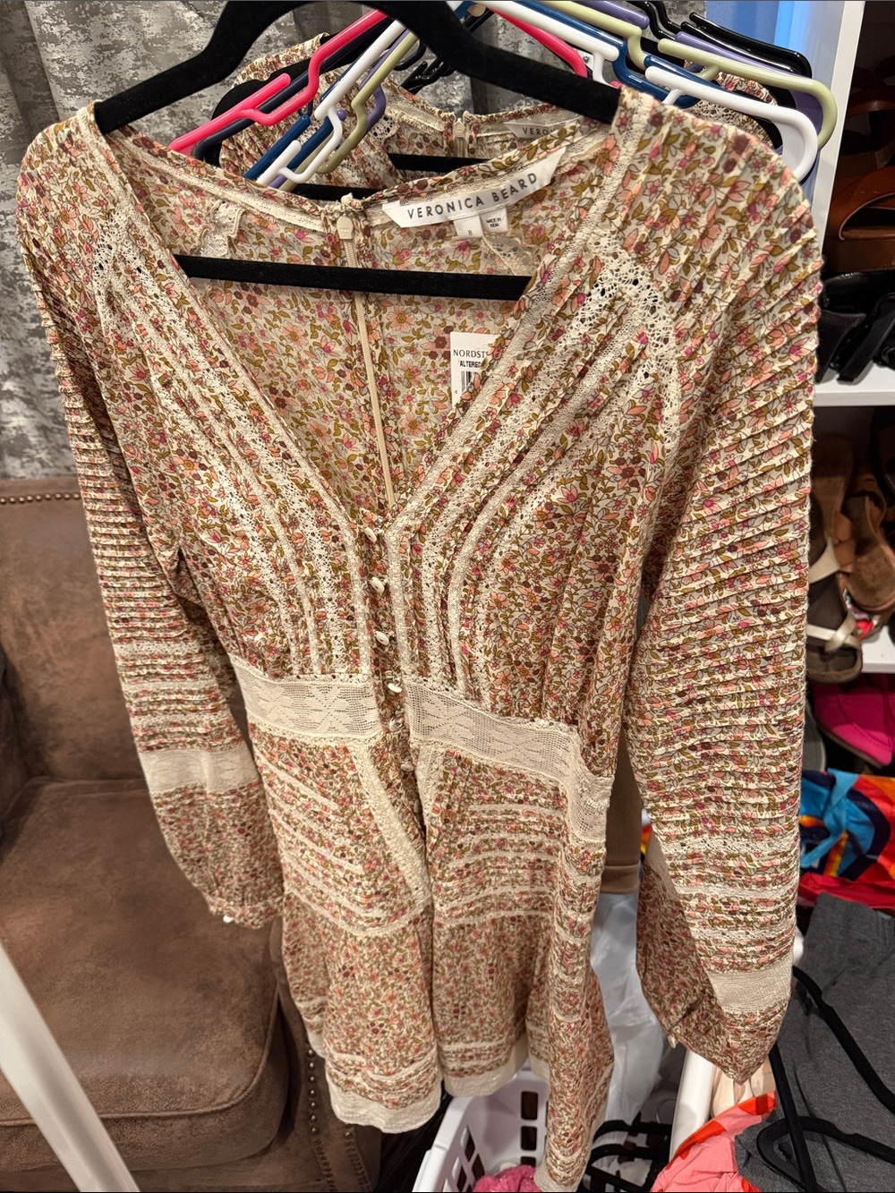 Veronica Beard Cream Floral V-Neck Button Knit dress